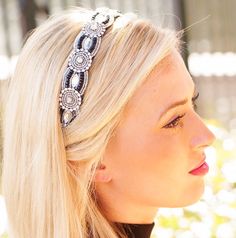 The Madison Headband is a beautiful combination of rhinestones, black beads and clear glass beads. Perfect for any occasion. This elegant hand beaded headband is fully adjustable for maximum comfort.  If you are looking for that perfect bridal accessory or wantr a sleek look, our Madison Headband will take you where you want to go. Elegant & Simple.  Madison looks as great with a pair of jeans as it does with a formal dress.  Our headbands can also be used to add a little sparkle and flair to your favorite hat too! What makes our headbands different? *Adjustable- all of our elastics are removable and adjustable for the perfect personalized fit. * Hand Beaded- every headband is uniquely different * More beads- our beaded area is longer than others so that you only see beads from ear to ear! Headband Beaded, Gatsby Headband, Elegant Headband, Headband Crystal, Headband Hat, Purple Headbands, Band Fashion, Comfortable Headbands, Star Headband