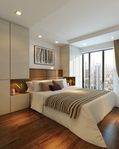 a bedroom with hardwood floors and white walls, along with a large window overlooking the city