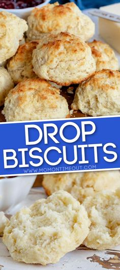 biscuits are piled on top of each other with the words drop biscuits above them