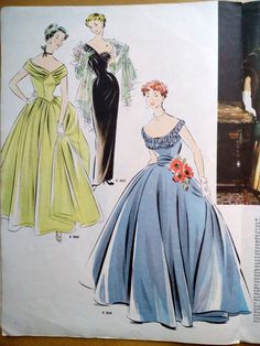 an old fashion book with two women in evening gowns and one woman in evening dress