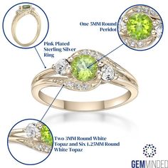 With shimmering peridot and white topaz, this ring is an accessory you'll treasure. With shimmering peridot and white topaz, this ring is an accessory you'll treasure. Width: 9 mm Nickel free Metal: sterling silver Finish: polished Plating: 14k gold Packaging: boxedSTONE DETAILS Stone type: peridot, white topaz Total weight: 1 ct. Center stone weight: 1/2 ct. Center stone size: 5 mm x 5 mm Shape: round Setting: prong Gemstones may have been treated to enhance their appearance. Special care may b Gold Peridot Rings For Formal Occasions, Formal Peridot Rings With Polished Finish, Yellow Gold Peridot Rings With Gemstone Accents, Lime Green Peridot Ring For May Birthstone, Unique Multi-stone Peridot Rings, Topaz Ring, White Topaz, Topaz, Plating