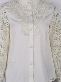 Lasaky - Elegant Womens Lace Patchwork Hollow Out Blouse - Long Sleeve O-Neck Shirt for a Chic Look Elegant White Tops With Patchwork, Elegant White Blouse With Patchwork, Elegant White Patchwork Blouse, Elegant White Patchwork Top, V-neck Lace Blouse With Lace Collar, 3/4 Sleeve Lace Blouse With Lace Trim, Elegant Off-white Blouse With Lace Trim, Feminine Button-up Blouse With Lace Collar, Lace Button-up Blouse With Lace Cuffs