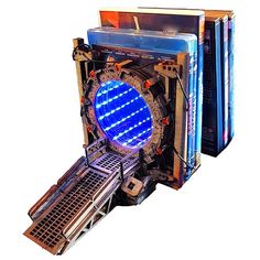 an image of a futuristic machine with blue lights on it's front and back sides