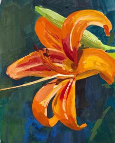 a painting of an orange flower on a green and blue background, with the petals still attached