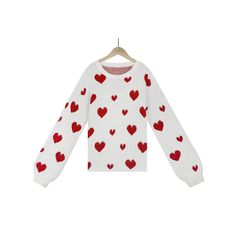 Apricot Round Collar Heart Print Pullover Sweater White Heart Print Sweater For Winter, White Heart Sweater For Winter, White Long Sleeve Sweater For Valentine's Day, White Sweater For Valentine's Day, Winter Heart Print Sweater, Winter Heart-shaped Sweater With Heart Print, Cute Heart Print Tops For Winter, Winter White Tops With Heart Print, White Heart Print Tops For Winter