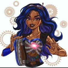 a drawing of a woman with blue hair and steampunks on her chest