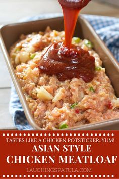 Asian Style Chicken Meatloaf, Asian Meatloaf Recipes, Chicken In A Loaf Pan, Asian Style Meatloaf, Potsticker Casserole, Ground Chicken Asian Recipes, Chicken Meatloaf Healthy, Japanese Meatloaf, Chicken Meatloaf Recipes