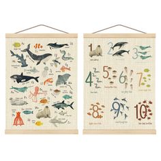 two wall hangings with numbers and sea animals on them, one is for children's room