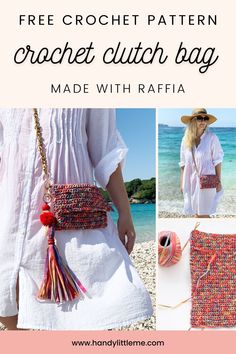 the crochet clutch bag is made with raffaa yarn and tassels