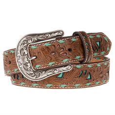 Ladies 1.5" Belt with Turquoise Underlay and Buckstitch Nocona Belt, Nocona Boots, Cowhide Bag, Studded Belt, Faux Leather Belts, Western Belts, Brown Leather Belt, Brown Belt