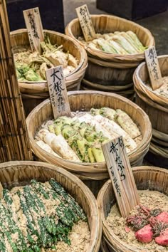 several baskets filled with different types of food