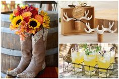 there are pictures of wedding decorations and drinks in the vases, boots with sunflowers on them