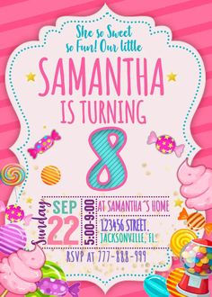 a birthday party flyer with candy and candies