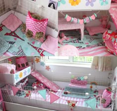 this is a collage of photos showing the inside of a doll house