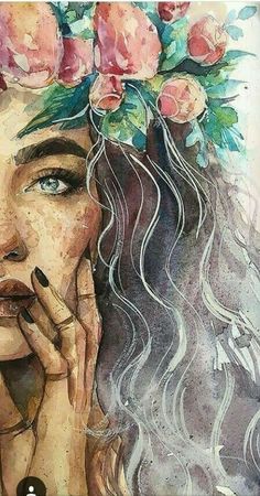 a watercolor painting of a woman with flowers on her head and hands to her face