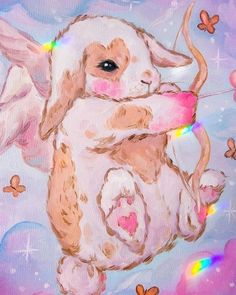 a painting of a baby bunny with rainbows in the sky and butterflies around it