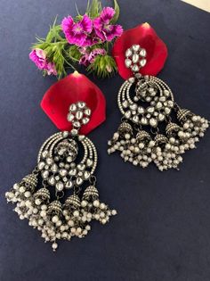 Step out in style with this beautiful oxidised silver plated earrings, which have been given a drop designer dangler perfectly designed. It will add bling to your look. This earring will go well with any of your ethnic outfits. Bridal Jewellry, Earring Indian, Earrings Stone, Chandbali Earrings, Jhumki Earrings, Ethnic Outfits, Pearl Earring, Stone Studs, Big Earrings