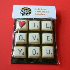 a package of cookies with the words i love you spelled on them