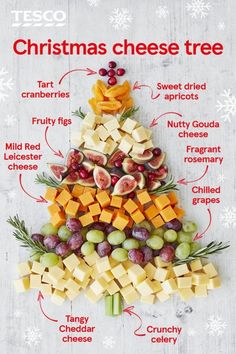 a christmas tree made out of cheese and fruit