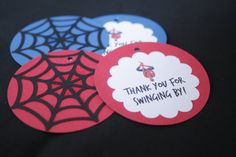 three spider - man thank you tags with the words thank you for swinging by on them