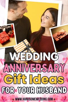 a poster for a wedding anniversary gift idea with pictures of the couple and their presents