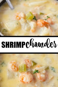 two pictures of shrimp chowder with broccoli and celery