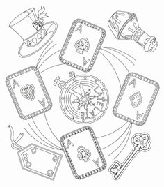 a black and white drawing of playing cards with keys, dices and other items