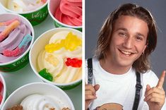 the man is holding up his thumb next to several bowls of ice cream and candies