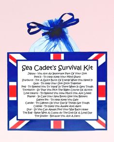 a sign with the words sea cadee's survival kit written in english on it