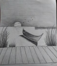 a pencil drawing of a boat in the water