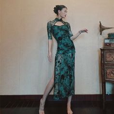 Beth and Brian Qipao - GSJ Dance collection Fitted Summer Cheongsam For Tea Ceremony, Fitted Cheongsam For Summer Tea Ceremony, Summer Fitted Cheongsam For Tea Ceremony, Elegant Qipao, Summer Tea Ceremony Fitted Cheongsam, Qipao Photography, Blue Qipao, Blue Cheongsam, Birds Embroidered Qipao Dress