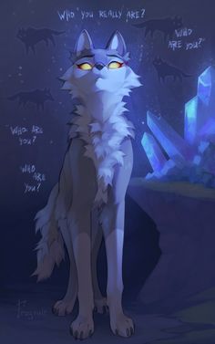 a white wolf with yellow eyes sitting in front of an iceberg and stars background