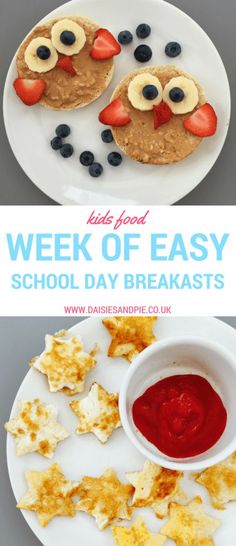 two plates with food on them and the words week of easy school day breakfasts