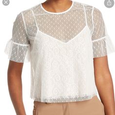 Brand New With Tags! Beautiful Two Piece Top. Size L White Feminine Lace Top For Day Out, Feminine White Lace Top For Day Out, Chic White Lace Top For Day Out, Purple Ruffle Top, Floral Print Tops Blouses, Peplum Lace, Yoke Top, Striped Peplum Top, Lace Short Sleeve Top