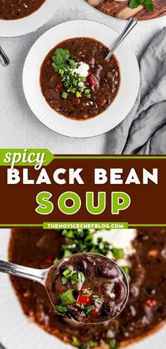 black bean soup in a white bowl with spoons and garnish on the side