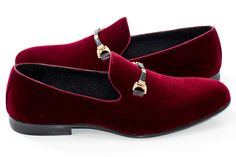 Featuring a plush maroon velvet exterior and finely crafted leather breaded buckles, these loafers give an immediate impression of sophistication. Elegant Burgundy Slip-on Leather Shoes, Luxury Red Leather Slip-on Shoes, Burgundy Slip-on Formal Loafers, Burgundy Loafers, Luxury Men's Semi-formal Shoes With Red Sole, Luxury Red Slip-on Loafers, Loafers For Men, Buckle Shoes, Loafers Men