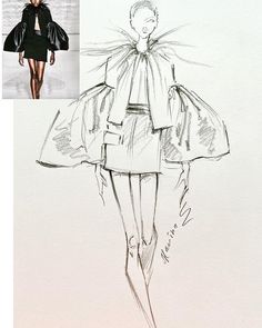 a drawing of a woman's coat and skirt on the runway, with an image of a fashion model in high heels