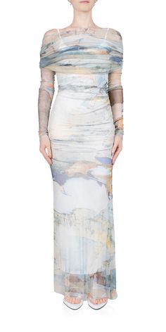 The Veiled Dress by Christopher Esber is an elegant statement maxi dress. Made with a custom designed abstract printed mesh fabric, it features an off the shoulder gathered veil detail and a striking v-back. Fully lined for comfort and style. Elevate your wardrobe with this unique piece. Details: Color: Multi﻿ Fabric Pull on style Untacked White ribbed maxi dress lining can be worn separately Vendor Code: 24013144 Fits true to size Model is 5ft 5in and is wearing a size AUS 6/US 0 Veiled Dress, Veil Detail, Dress Lining, Ribbed Maxi Dress, Spring Knits, Christopher Esber, Hair Fragrance, Mesh Fabric, Denim Dress