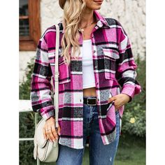 Rosy Lapel Collar Button Pocket Woolen Plaid Shacket Shacket Women, Shacket Outfit, Plaid Shacket, Pink Jacket, Outfit Inspo Fall, High Point, White Plaid, Color Khaki, Lapel Collar