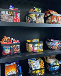 the shelves are filled with snacks and other items