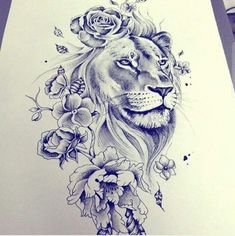 a drawing of a lion with flowers on it's head and an arrow in the middle