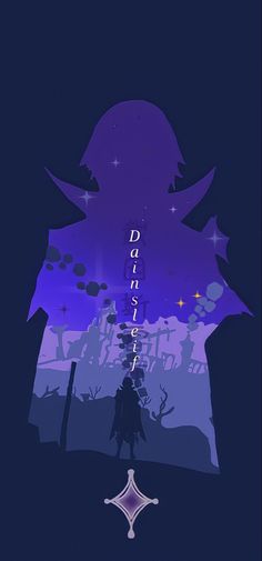 the silhouette of a person standing in front of a purple and blue background with stars