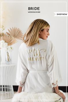 Personalized mrs robes printed in a metallic gold with the brides future last name make a cute wedding day getting ready outfit you can gift to the bride to be at her bridal shower! Bride Robe Personalized, Personalized Bride Robe, Bridal Shower Gift For Bride, Wedding Day Getting Ready, Mrs Gifts, Fall Wedding Arches, Silk Bridal Robe, Unique Bridal Shower Gifts, Perfect Bridal Shower Gift