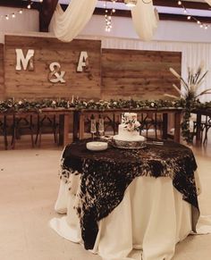 a table with a black and white cloth on it