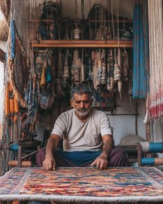 a man sitting in front of a rug on top of a wooden table next to other items