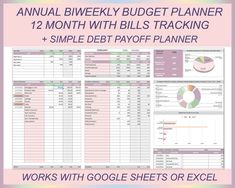 the annual bi weekly budget planner is shown in pink and green with text that reads,