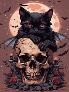 a black cat sitting on top of a human skull with bats and roses around it