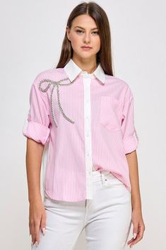 Pink Rhinestone Detail Stripe Shirt Rhinestone Blouse For Spring, Spring Pink Rhinestone Tops, Casual Pink Tops With Rhinestones, Chic Rhinestone Tops For Spring, Chic Summer Tops With Rhinestones, Chic Summer Top With Rhinestones, Casual Rhinestone Tops For Spring, Summer Pink Tops With Rhinestones, Casual Shorts Men