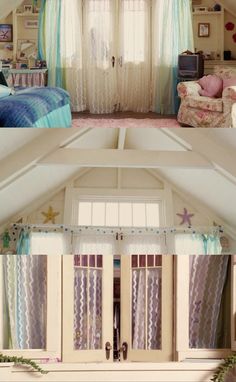 two pictures of the inside of a bedroom with curtains and bedding, one in an attic