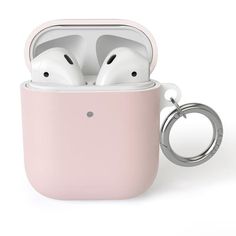 an airpods case is shown with the keychain attached to it, and has two ears on each side